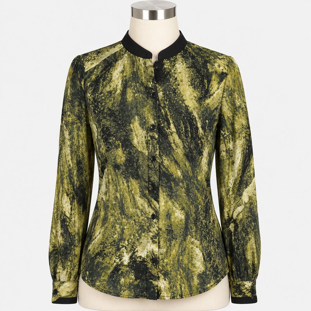 Vivienne Tam Abstract Print Mandarin Collar Blouse Womens 2 Medium Button Front